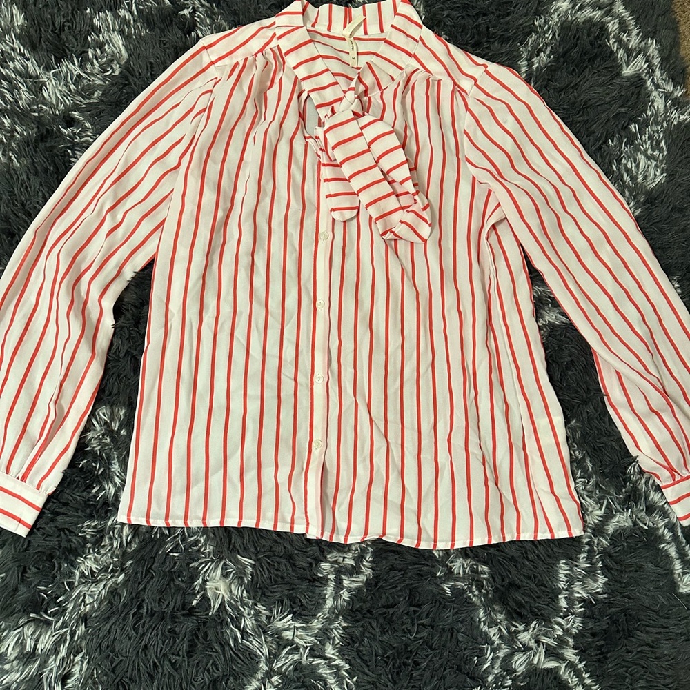 Striped Coral & White Button Down Top